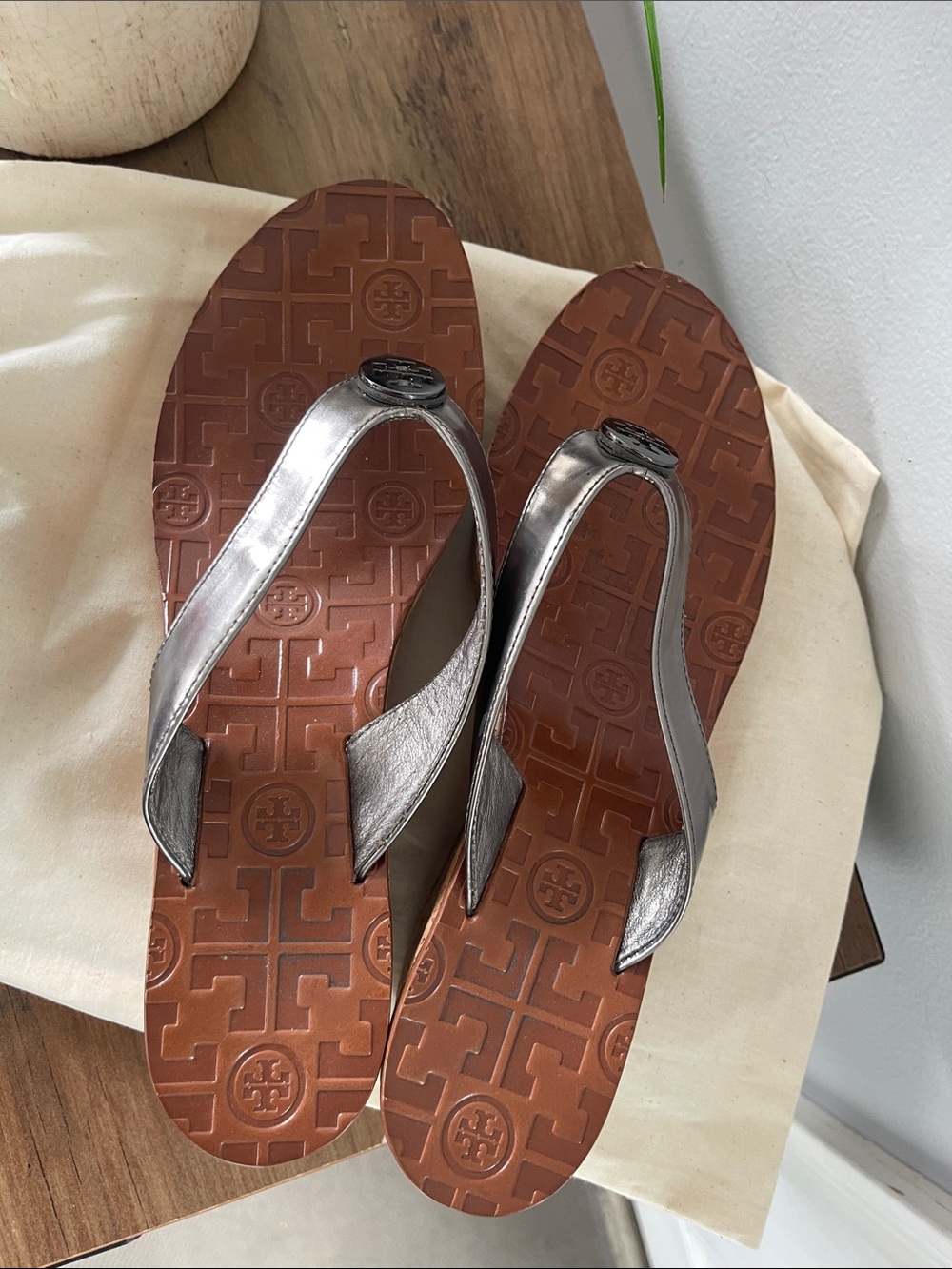 Tory Burch pewter cork wedge Thong Sandals with Brown Logo Footbed